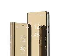 IMEIKONST Funda Compatible con Samsung Galaxy A13 4G, Espejo Flip Clear View Makeup Carcasa Protectora PC + PU con función de Soporte Caso para Samsung A13 4G Flip Mirror: Golden QH