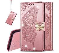 IMEIKONST Funda Compatible con Samsung Galaxy A14 5G, Diamantes Funda de Cuero PU Billetera Cáscara Magnético de Soporte y Ranuras para Tarjetas para Samsung A14 5G. Cristal Mariposa Rose Gold SD