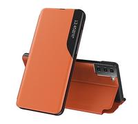 IMEIKONST Funda compatible con Samsung Galaxy S21 FE, Bookstyle Clear View Window Flip Plegable Kickstand PC Shell PU Leather Shock Protective Flip Cover para Samsung S21 FE. Naranja QH1