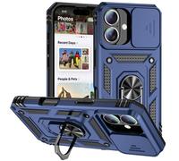 IMEIKONST Funda para iPhone 16 con Tapa Deslizante de Cámara, Armor Carcasa 360 Anillo Soporte Ajustable, PC y Silicona TPU Bumper Antigolpes Parachoques Cover para iPhone 16. Azul JXT