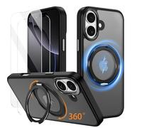 IMEIKONST Funda para iPhone 16 Plus con 360° Giratorio Soporte Magnético, Compatible con MagSafe, Carcasa Protección de Grado Militar Antigolpes Cover para iPhone 16 Plus. Negro JSZJ