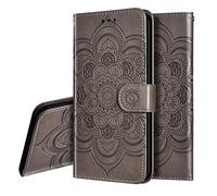 IMEIKONST Samsung S10E Funda Embossed Libro de Cuero Billetera Premium Phone Case Flip Folio Card Slot Holder Magnetic Stand Funda para Samsung Galaxy S10E Mandala Grey LD