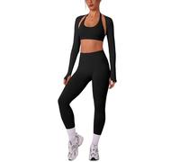 IMEKIS Conjunto de deporte para mujer, yoga, pilates, ropa deportiva con cuello halter, sujetador deportivo y pantalón con manga larga, bolero, shrug, 3 piezas, fitness, entrenamiento, gimnasio, ropa