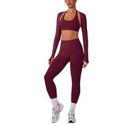 IMEKIS Conjunto de deporte para mujer, yoga, pilates, ropa deportiva con cuello halter, sujetador deportivo y pantalón con manga larga, bolero, shrug, 3 piezas, fitness, entrenamiento, gimnasio, ropa