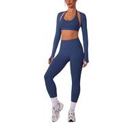 IMEKIS Conjunto de deporte para mujer, yoga, pilates, ropa deportiva con cuello halter, sujetador deportivo y pantalón con manga larga, bolero, shrug, 3 piezas, fitness, entrenamiento, gimnasio, ropa