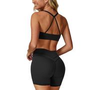 IMEKIS Conjunto de gimnasio de dos piezas para mujer, traje de yoga, tirantes y espalda con tirantes y pantalones cortos de cintura alta, traje deportivo de verano para fitness, Negro , L