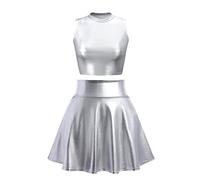 IMEKIS Disfraz de alien para mujer, disfraz de rave, para carnaval, color metálico brillante, con minifalda, 2 piezas, discoteca, baile, club, Halloween, Facshing, fiesta temática