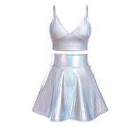 IMEKIS Disfraz de Alien para mujer, disfraz rave, carnaval, brillante, metálico, con minifalda, 2 piezas, discoteca, baile, club, Halloween, Facshing, fiesta temática, Laser Silver sin mangas, S