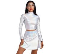 IMEKIS Disfraz de Alien para mujer, disfraz rave, carnaval, brillante, metálico, crop top con minifalda, 2 piezas, discoteca, baile, clubwear, Halloween, Facshing, fiesta temática, disfraz láser,