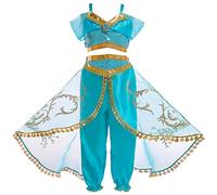 IMEKIS Fille Jasmine Costume Princesse Paillette Aladdin Robe de Danse du Ventre Arabe Fantaisie Halloween Carnaval Cosplay Habiller la Tenue de Fête D'anniversaire de Noël Azul 13-14 años