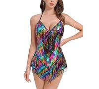 IMEKIS Lentejuelas Body Mujer Flecos Borla Body Halter Cuello Cuello V Música Festival Maillot Brillante Latino Jazz Tango Salón de Baile Disfraz Rave, carbón, M
