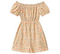 IMEKIS Mamá e hija Traje a juego para mujer niña con hombros descubiertos con estampado floral mono corto boho mono de verano con bolsillos, amarillo, L