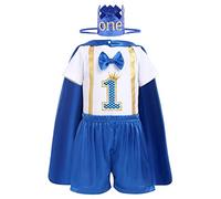 IMEKIS Traje de fiesta de primer cumpleaños para bebé, pajarita de manga corta, pelele para hombre+pantalones cortos+capa de príncipe+diadema de corona, juego de ropa formal de 4 piezas para