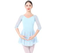 IMEKIS Vestido de ballet para mujer, manga 3/4, leotardo de gimnasia con falda de gasa, ropa de baile de bailarina, azul, M