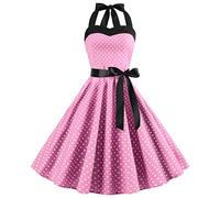IMEKIS Vestido de cóctel vintage para mujer, sin mangas, cuello halter de los 1950, estilo retro, retro, swing, una línea plisada, hasta la rodilla, para boda, festivo, vestido de noche, Rosa., L