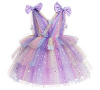 IMEKIS Vestido de cumpleaños para niña con mariposa, sin mangas, cuello en V, tul, tutú, princesa, arco iris, volantes, vestido de fiesta para desfile de boda, morado, 4-5 años