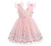 IMEKIS Vestido de cumpleaños para niña, vestido de flores, mariposa, princesa, sin mangas, cuello en V, tul, tutú, vestido de verano para niños, boda, festivo, vestido de fiesta, Rosa Claro Colorido