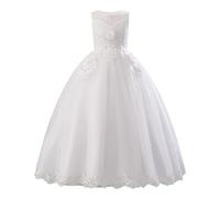 IMEKIS Vestido de dama de honor para niña, sin mangas, bordado floral, de encaje, vestido de tul, elegante, para cumpleaños, fiesta, primera comunión, vestido de fiesta, Blanco, 6-7 Años