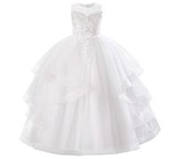 IMEKIS Vestido de fiesta de flores para niñas, sin mangas, vestido de fiesta de tul con volantes, elegante, para cumpleaños, comunión, desfile, Blanco, 9-10 Años