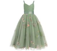 IMEKIS Vestido de fiesta para niña de flores, dama de honor, sin mangas, cuello en V, volantes, tul, tutú, elegante, para primera comunión, cumpleaños, desfile, verde, 7 años