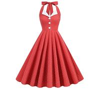 IMEKIS Vestido de mujer vintage de cóctel sin mangas con cuello halter, estilo 1950, de lunares, rockabilly, swing, de línea A, con falda plisada, por la rodilla, para boda, fiesta, vestido de noche