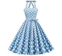 IMEKIS Vestido de mujer vintage de cóctel sin mangas con cuello halter, estilo 1950, de lunares, rockabilly, estilo swing, de línea A, con falda plisada, por la rodilla, para boda, fiesta, vestido de