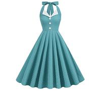 IMEKIS Vestido de mujer vintage de cóctel sin mangas con cuello halter, estilo 1950, de lunares, rockabilly, swing, de línea A, con falda plisada, por la rodilla, para boda, fiesta, vestido de noche
