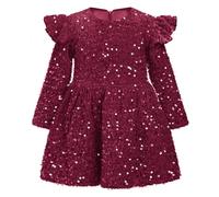 IMEKIS Vestido de Navidad para niños y niñas, manga larga, lentejuelas, terciopelo, princesa, volantes, vestido festivo, otoño, invierno, Navidad, cumpleaños, vestido de vacaciones, borgoña, 3-4 Años
