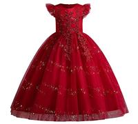 IMEKIS Vestido de niña de flores princesa de encaje tutú lentejuelas Bowknot vestido festivo fiesta dama de honor boda cumpleaños largo desfile vestido de fiesta …, Rojo Oscuro 2, 6-7 años