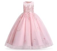 IMEKIS Vestido de niña de flores princesa de encaje tutú lentejuelas Bowknot vestido festivo fiesta dama de honor boda cumpleaños largo desfile vestido de fiesta …, Rosa 1, 7-8 años