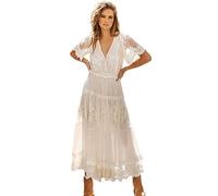 IMEKIS Vestido de verano bohemio, sin mangas, cuello en V, vestido de encaje, bikini, vestido de playa, elegante, vestido de fiesta, vestido de fiesta, con volantes, largo, túnica, vestido de