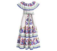 IMEKIS Vestido mexicano para niña con hombros descubiertos, estampado floral, volantes, maxi boho, vestido de verano para niños, cinco de mayo, fiesta, senorita Halloween, carnaval, Blanco y azul.,