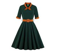 IMEKIS Vestido vintage de los años 50 y 60, de fiesta, de manga corta, cuello en V, línea A, con cinturón, elegante, rockabilly Swing, vestido de cóctel o baile verde oscuro XL