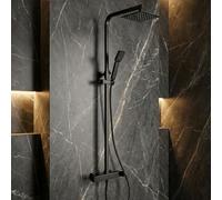 IMEX - Columna Ducha Negra Monomando con Grifo | Conjunto de Ducha con Alcachofa y Rociador Antical | Griferia en Latón y Acero Inox S.304 con Barra Extensible | Serie Fiyi