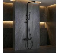 IMEX - Columna Ducha Negra Termostatica con Grifo | Conjunto de Ducha con Alcachofa y Rociador Antical Efecto Lluvia | Griferia en Latón y Acero Inox S.304 con Barra Extensible | Serie Vigo