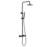 IMEX - Columna Ducha Negra Termostatica con Grifo | Conjunto de Ducha con Alcachofa y Rociador Antical Efecto Lluvia | Griferia en Latón y Acero Inox S.304 con Barra Extensible | Serie Line