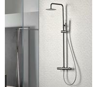 IMEX - Columna Ducha Negra Termostatica con Grifo | Conjunto de Ducha con Alcachofa y Rociador Antical Efecto Lluvia | Griferia en Latón y Acero Inox S.304 con Barra Extensible | Serie Line