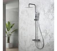 IMEX - Columna Ducha Negra Termostatica con Grifo | Conjunto de Ducha con Alcachofa y Rociador Antical Efecto Lluvia | Griferia en Latón y Acero Inox S.304 con Barra Extensible | Serie Art