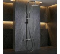 IMEX - Columna Ducha Negra Termostatica con Grifo | Conjunto de Ducha con Alcachofa y Rociador Antical Efecto Lluvia | Griferia en Latón y Acero Inox S.304 con Barra Extensible | Serie Génova