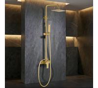 IMEX - Columna Ducha Oro Cepillado con Grifo | Conjunto de Ducha Monomando con Alcachofa y Rociador Antical | Griferia en Latón y Acero Inox S.304 con Barra Extensible | Serie Art