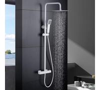 IMEX - Columna Ducha Termostatica con Grifo | Conjunto de Ducha con Alcachofa y Rociador Antical Efecto Lluvia | Griferia en Latón y Acero Inox S.304 con Barra Extensible | Serie Art | Color Blanco