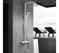 IMEX - Columna Ducha Termostatica con Grifo | Conjunto de Ducha con Alcachofa y Rociador Antical Efecto Lluvia | Griferia en Latón y Acero Inox S.304 con Barra Extensible | Serie Kent | Color Blanco