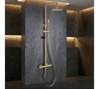 IMEX - Columna Ducha Termostatica Oro con Grifo | Conjunto de Ducha con Alcachofa y Rociador Antical Efecto Lluvia | Griferia en Latón y Acero Inox S.304 con Barra Extensible Dorada | Serie Génova