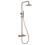 IMEX - Columna Ducha Termostatica Oro Rosa con Grifo | Conjunto de Ducha con Alcachofa y Rociador Antical Efecto Lluvia | Griferia en Latón y Acero Inox S.304 con Barra Extensible | Serie Line