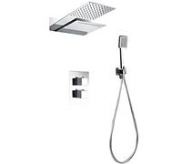 IMEX - Ducha empotrada efecto cascada y lluvia - kit termostático empotrado pared, sistema termostático 3 vías-Serie Rodas Cromado/Plateado - GTR049