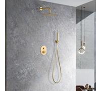 IMEX - Ducha Empotrada Monomando Dorada | Kit de Grifería Empotrado con Alcachofa y Rociador Antical Efecto Lluvia | Columna Ducha Empotrada en Latón y Acero Inox S.304 | Serie Olimpo