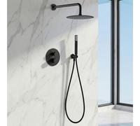 IMEX - Ducha Empotrada Negra Termostática | Conjunto de Grifería Empotrado con Alcachofa y Rociador Antical Efecto Lluvia | Ducha Empotrada con Grifo en Latón y Acero Inox S.304 | Serie Line
