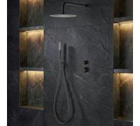 IMEX - Ducha Empotrada Negra Termostática | Conjunto de Grifería Empotrado con Alcachofa y Rociador Antical Efecto Lluvia | Ducha Empotrada con Grifo en Latón y Acero Inox S.304 | Serie Nápoles