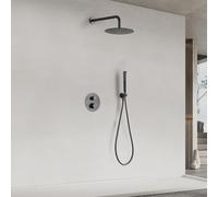 IMEX - Ducha Empotrada Negra Termostática | Kit de Grifería Empotrado con Alcachofa y Rociador Antical Efecto Lluvia | Columna Ducha Empotrada con Grifo en Latón y Acero Inox S.304 | Serie Nápoles