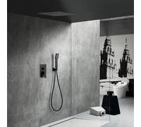 IMEX - Ducha Empotrada Techo Negra Monomando | Kit de Grifería Empotrado con Alcachofa y Rociador Antical Efecto Lluvia | Columna Ducha Empotrada con Grifo en Latón y Acero Inox S.304 | Serie Volga